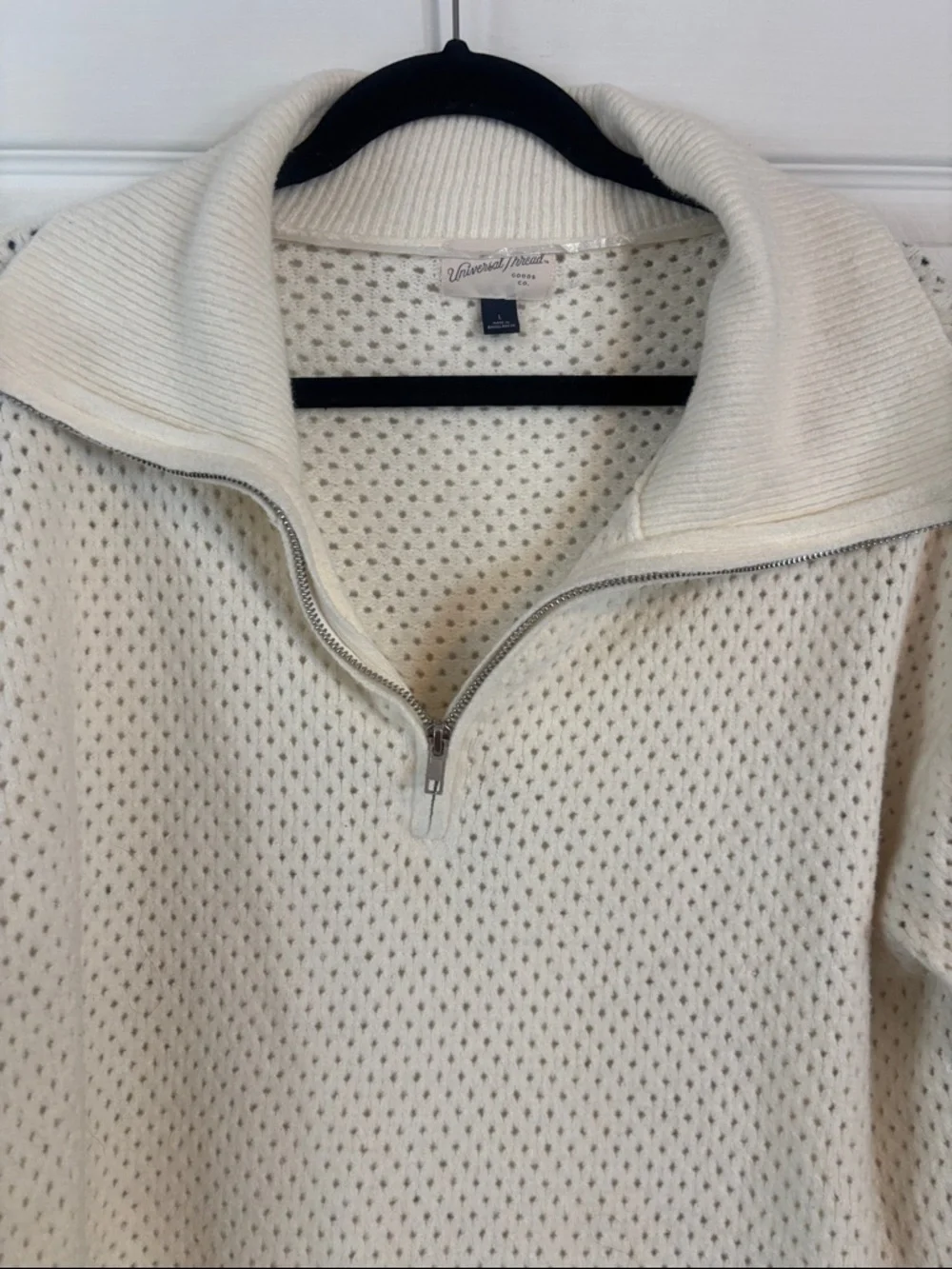 Universal thread Cream Open-Knit Half-Zip Funnel Collar Sweater